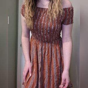 Mei Smocked Off the Shoulder Dress | Burnt Orange with Black & White Stripes